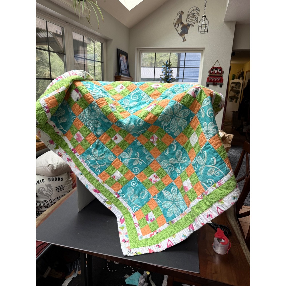 Handmade Patchwork Quilt Teal Orange Green Floral Heart Reversible Baby Blanket